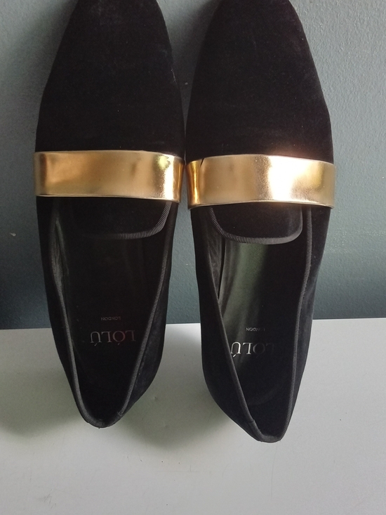 Lolu London Black Velvet Loafers with Gold Metallic Band Red Bottoms Mens 8 main image 5